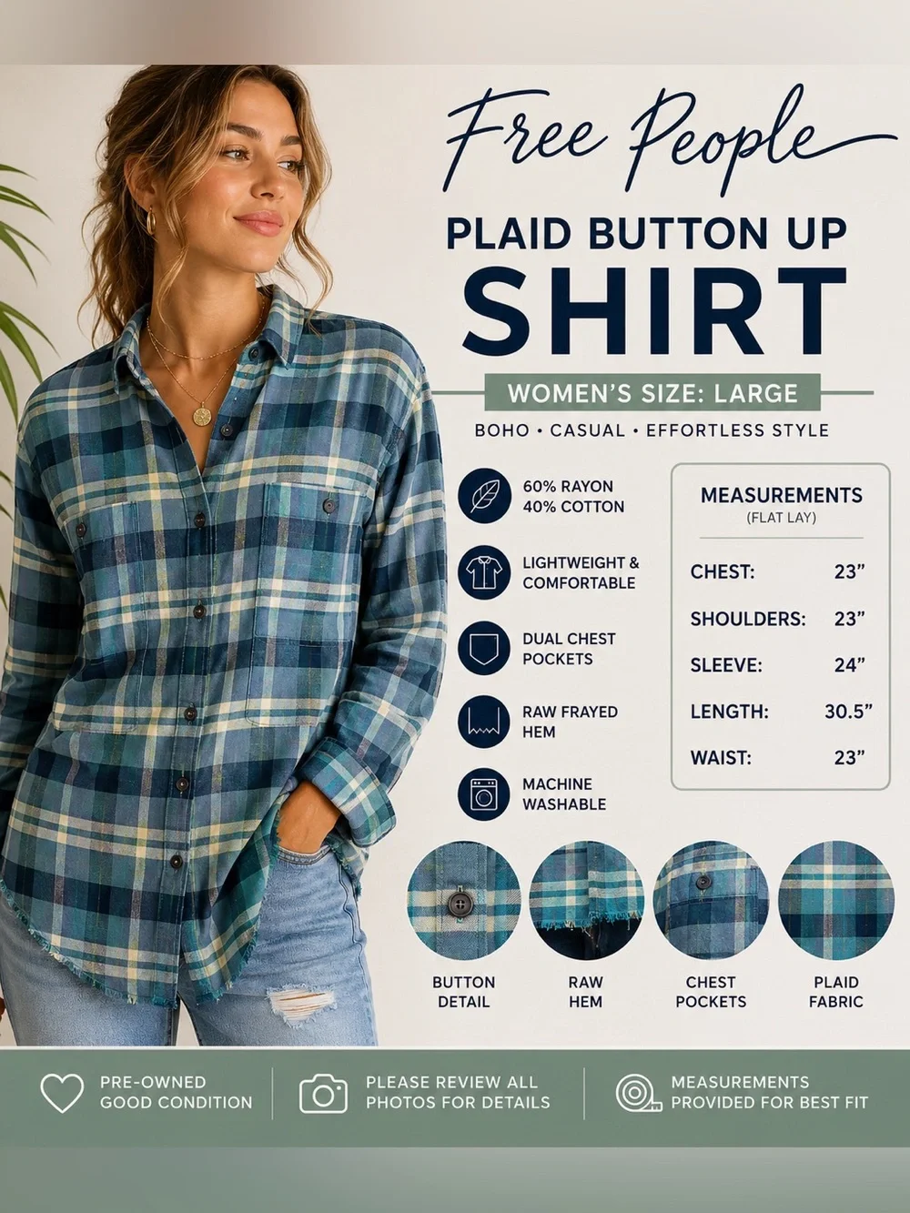 Free People Women’s Plaid Button Up Shirt L Blue Green Raw Hem Boho Rayon Cotton